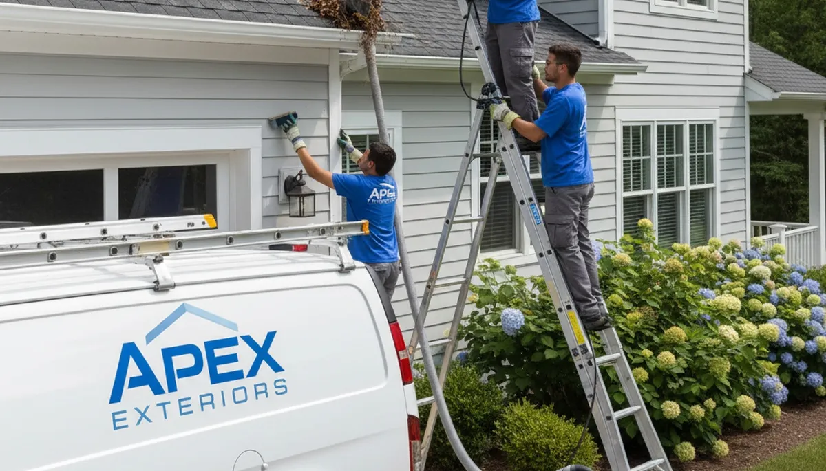Technician cleaning home gutters with ladder in Raleigh, NC for vinyl-siding maintenance service