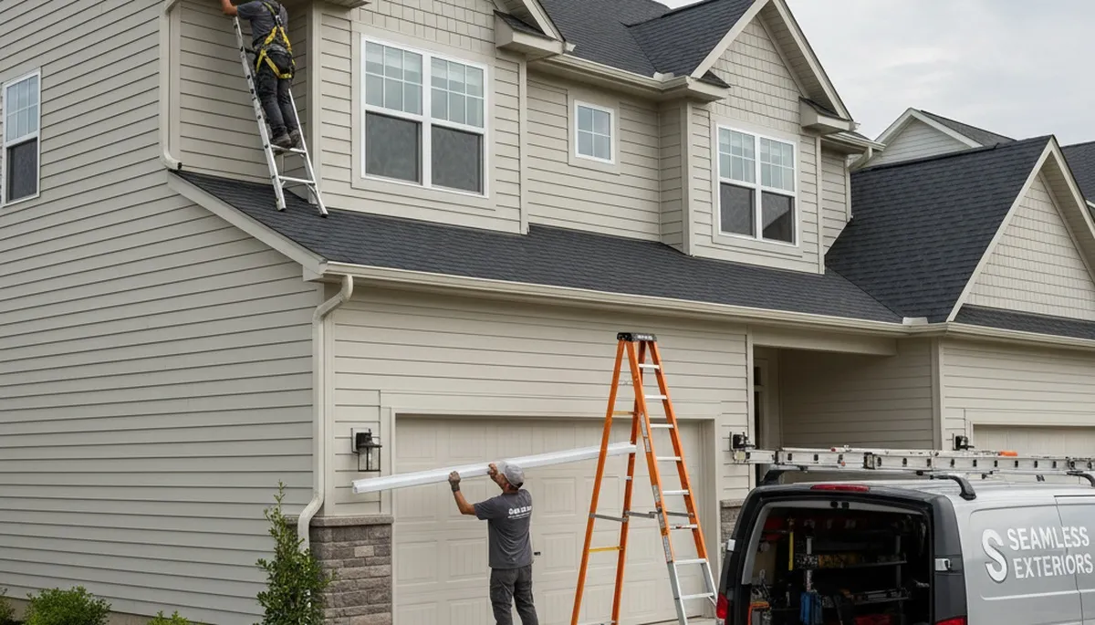 Seamless gutter installation on Raleigh NC home exterior by Next Level Exteriors vinyl siding experts