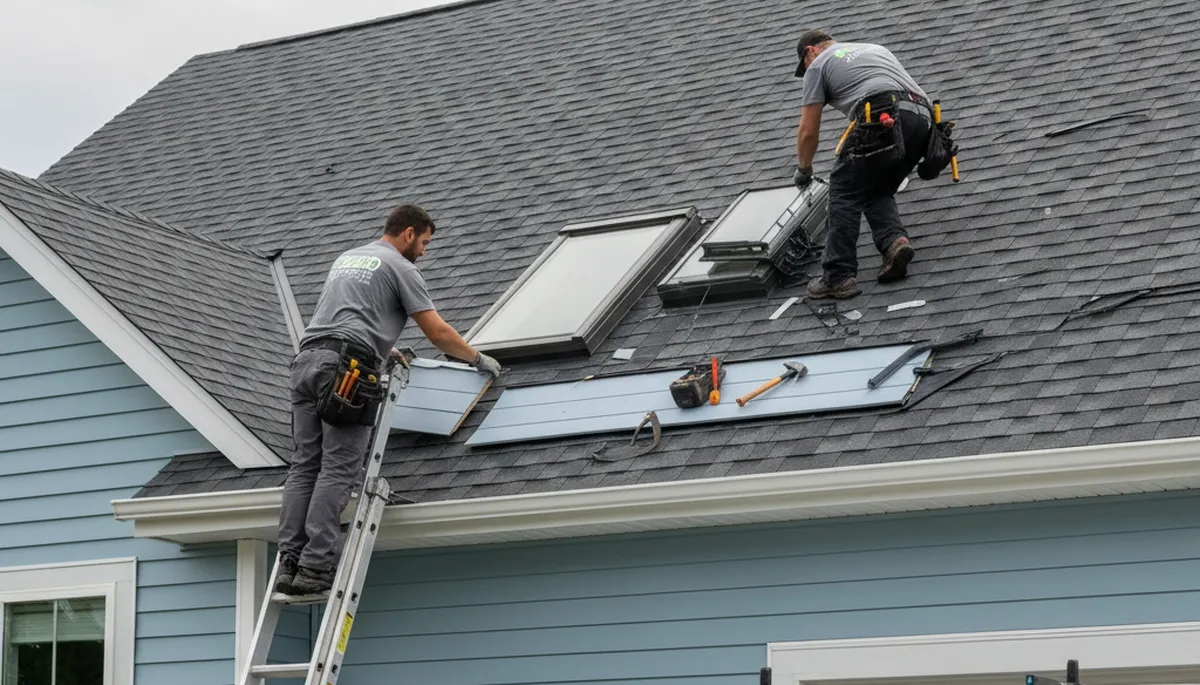Technician repairing skylight on vinyl-sided home in Raleigh NC by Next Level Exteriors
